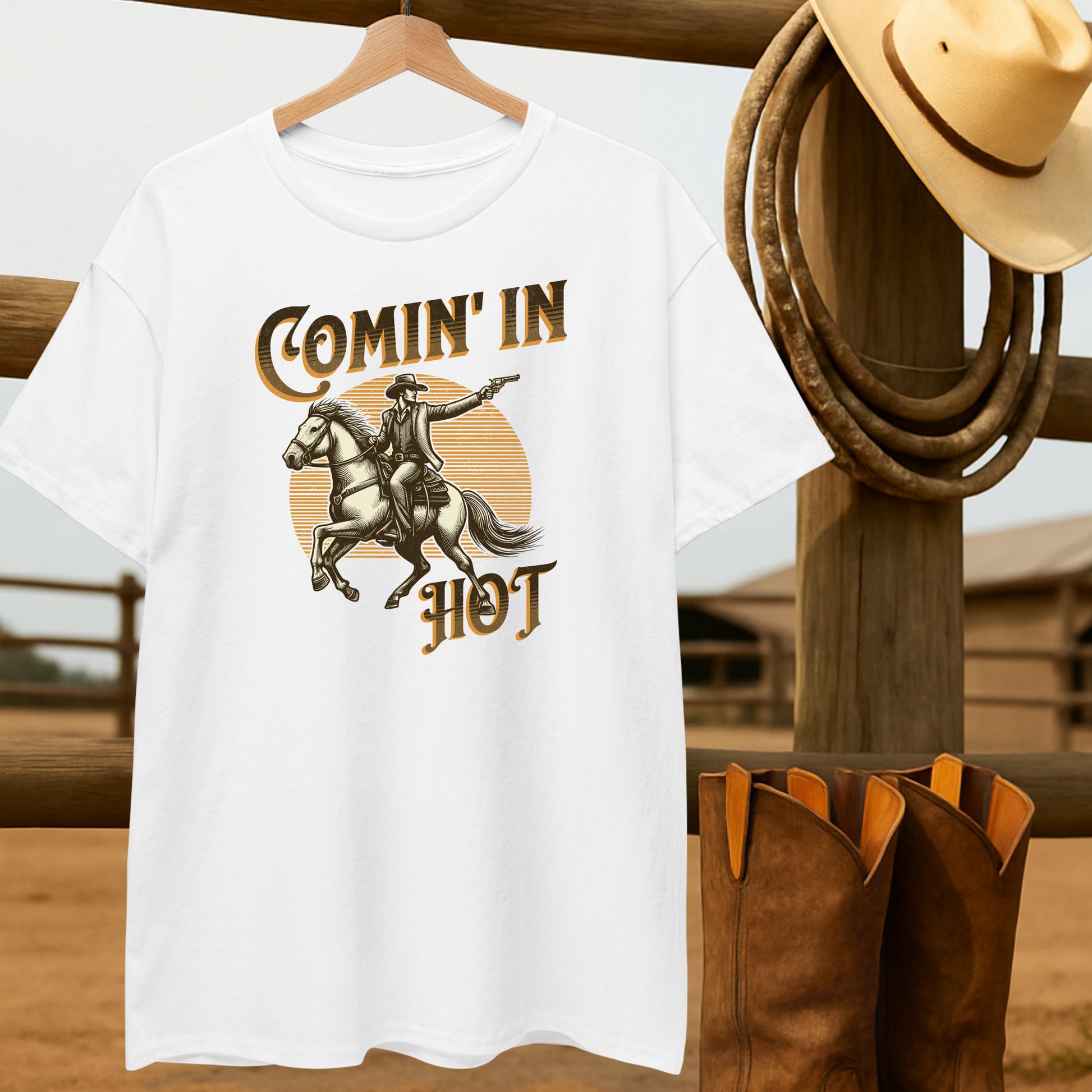 Comin' in Hot T-shirt-retro-western-americana-vintage-style-T-Shirt-by-Retro-Ranch