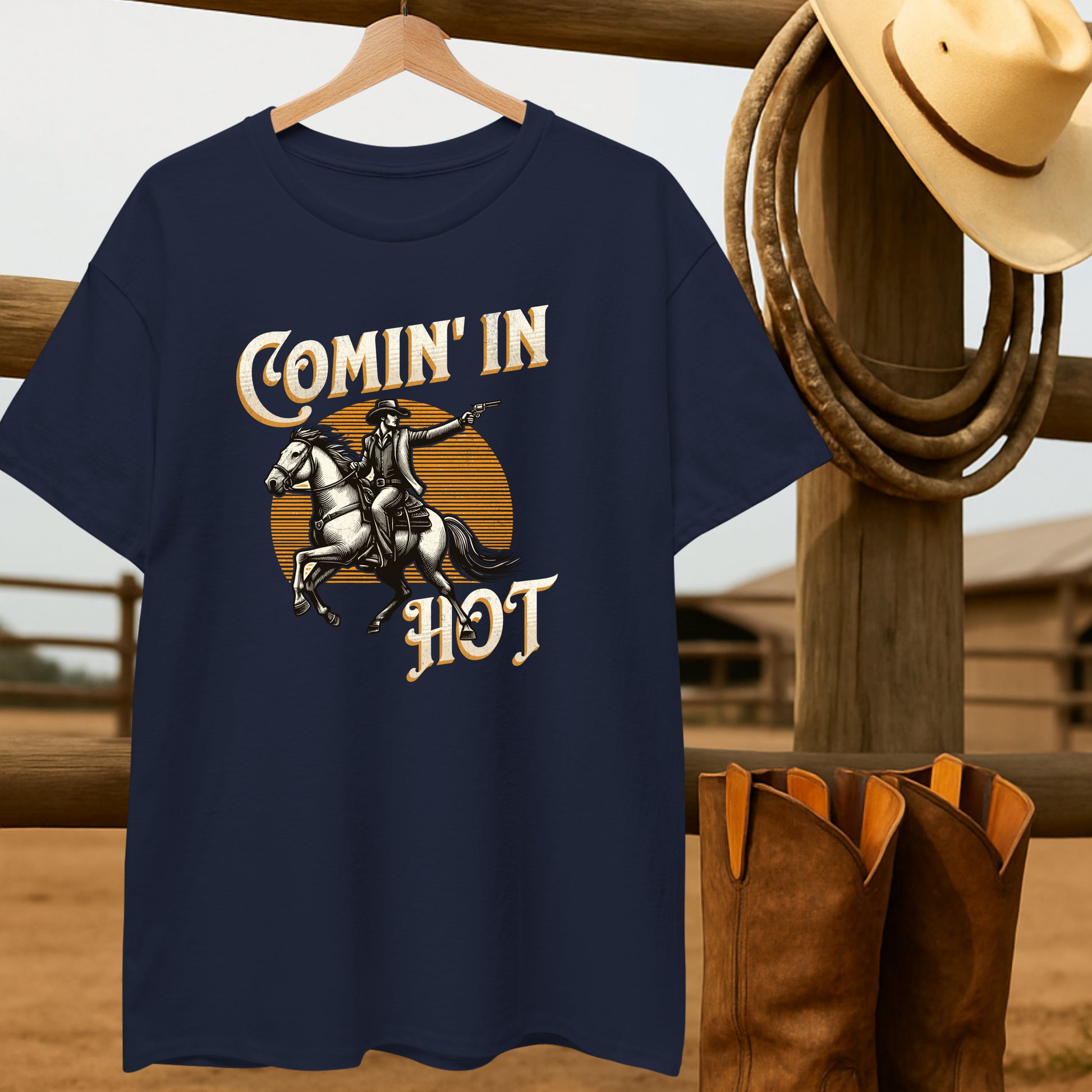 Comin' in Hot T-shirt-retro-western-americana-vintage-style-T-Shirt-by-Retro-Ranch