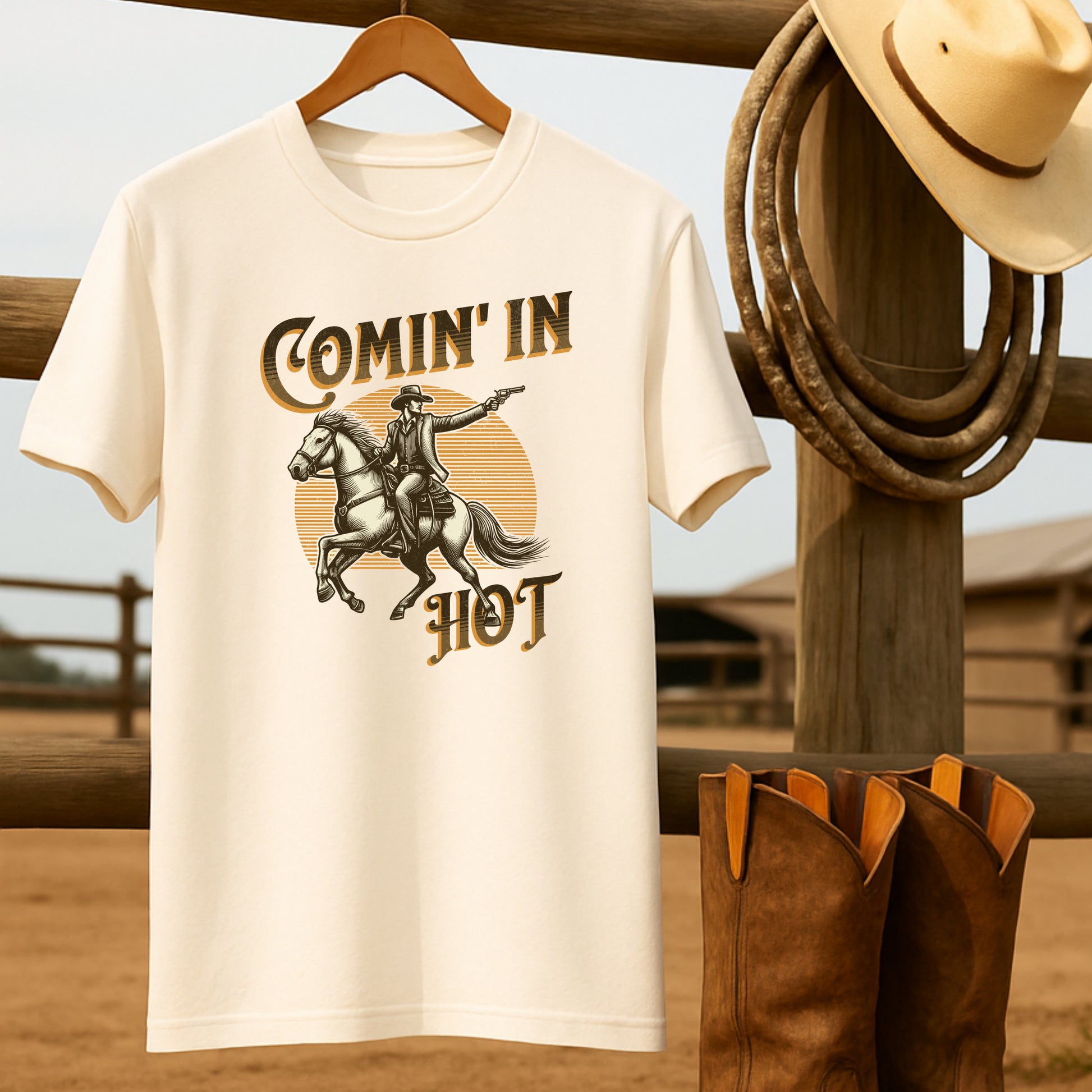 Comin' in Hot T-shirt-retro-western-americana-vintage-style-T-Shirt-by-Retro-Ranch
