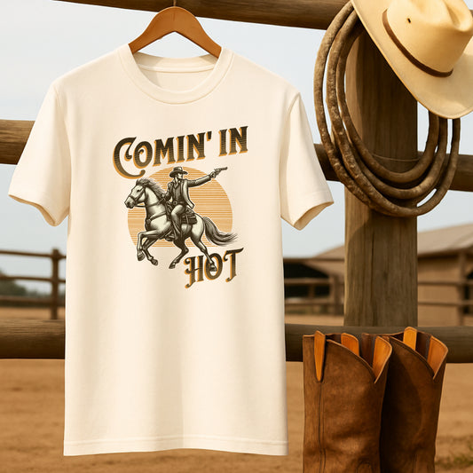 Comin' in Hot T-shirt-retro-western-americana-vintage-style-T-Shirt-by-Retro-Ranch
