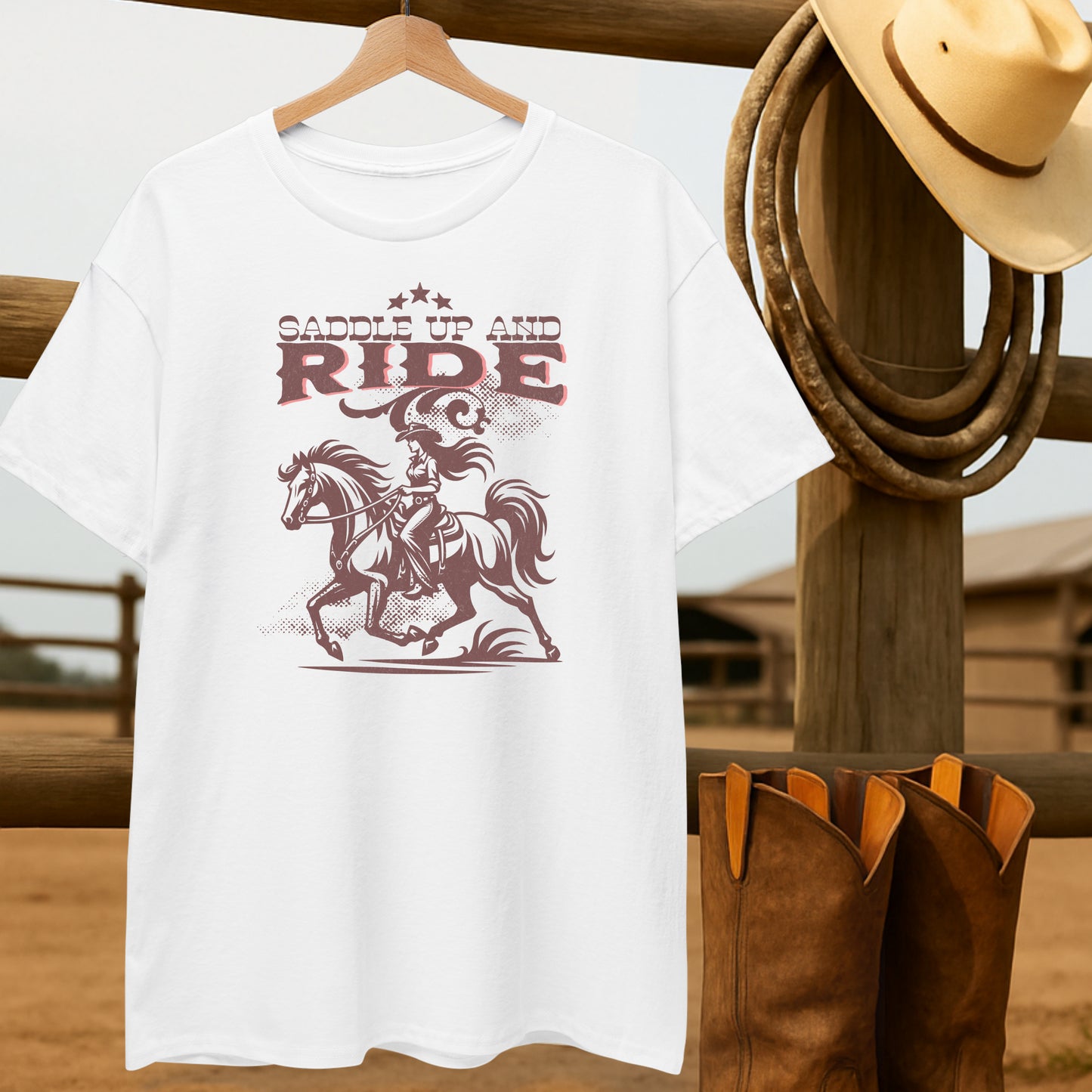 Saddle up & Ride T-shirt-retro-western-americana-vintage-style-T-Shirt-by-Retro-Ranch