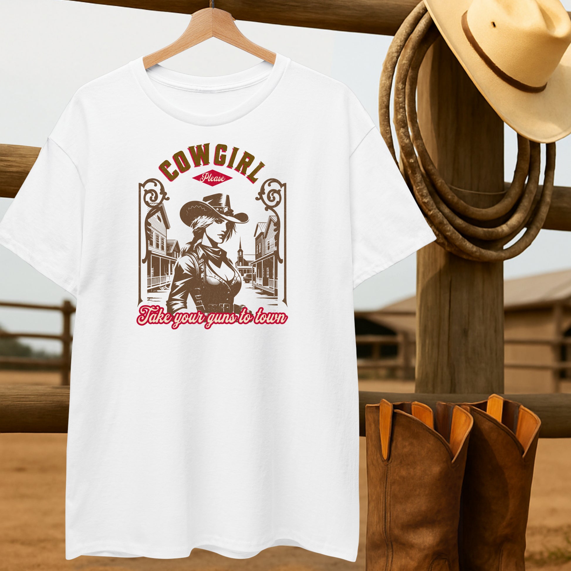 Cowgirl Guns to Town T-shirt-retro-western-americana-vintage-style-T-Shirt-by-Retro-Ranch
