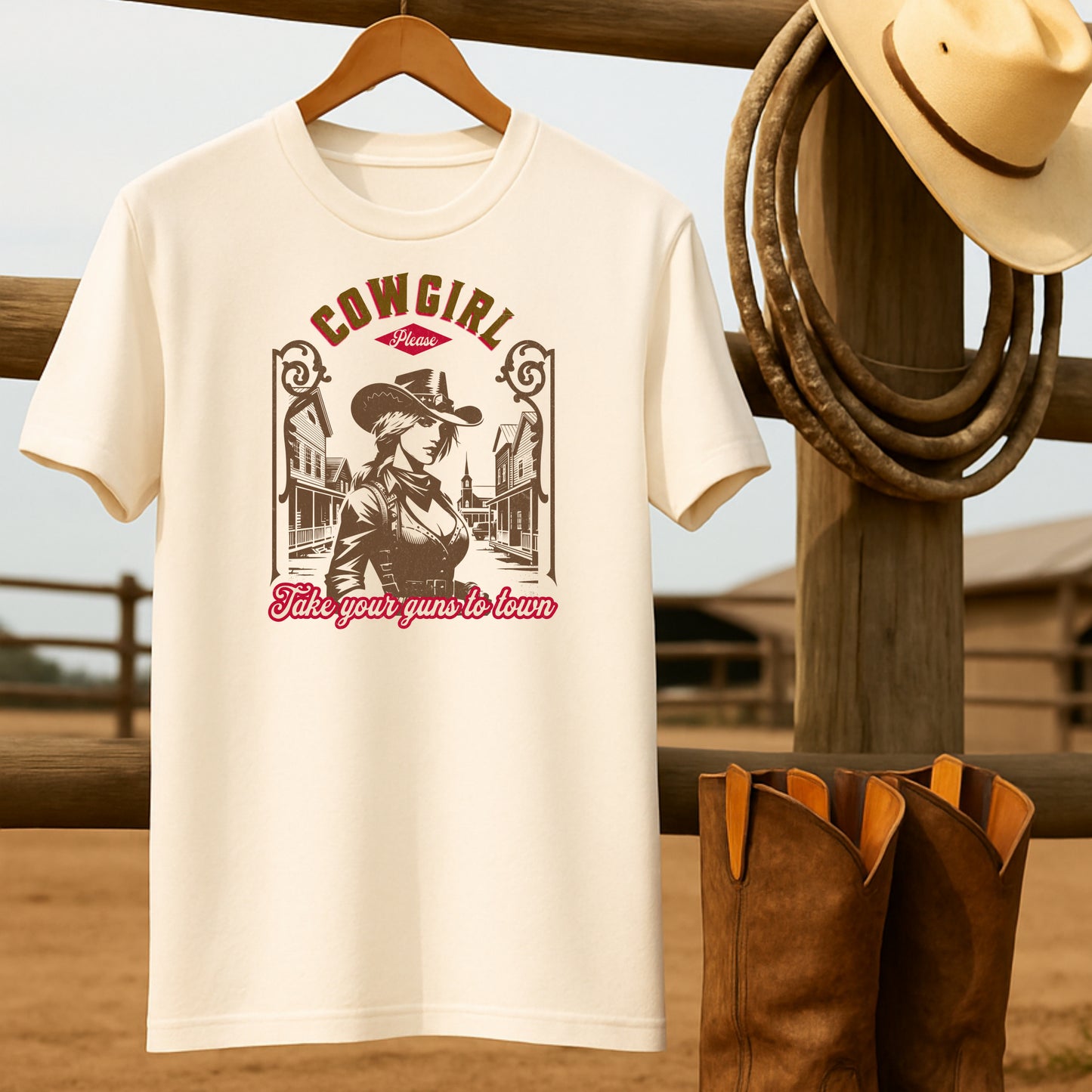 Cowgirl Guns to Town T-shirt-retro-western-americana-vintage-style-T-Shirt-by-Retro-Ranch