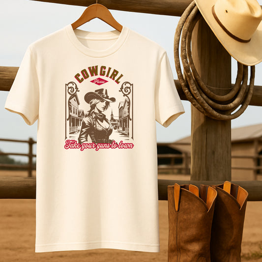 Cowgirl Guns to Town T-shirt-retro-western-americana-vintage-style-T-Shirt-by-Retro-Ranch