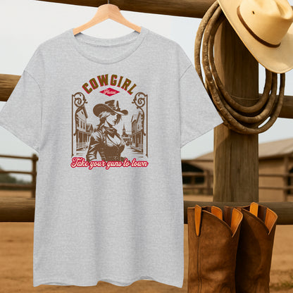 Cowgirl Guns to Town T-shirt-retro-western-americana-vintage-style-T-Shirt-by-Retro-Ranch