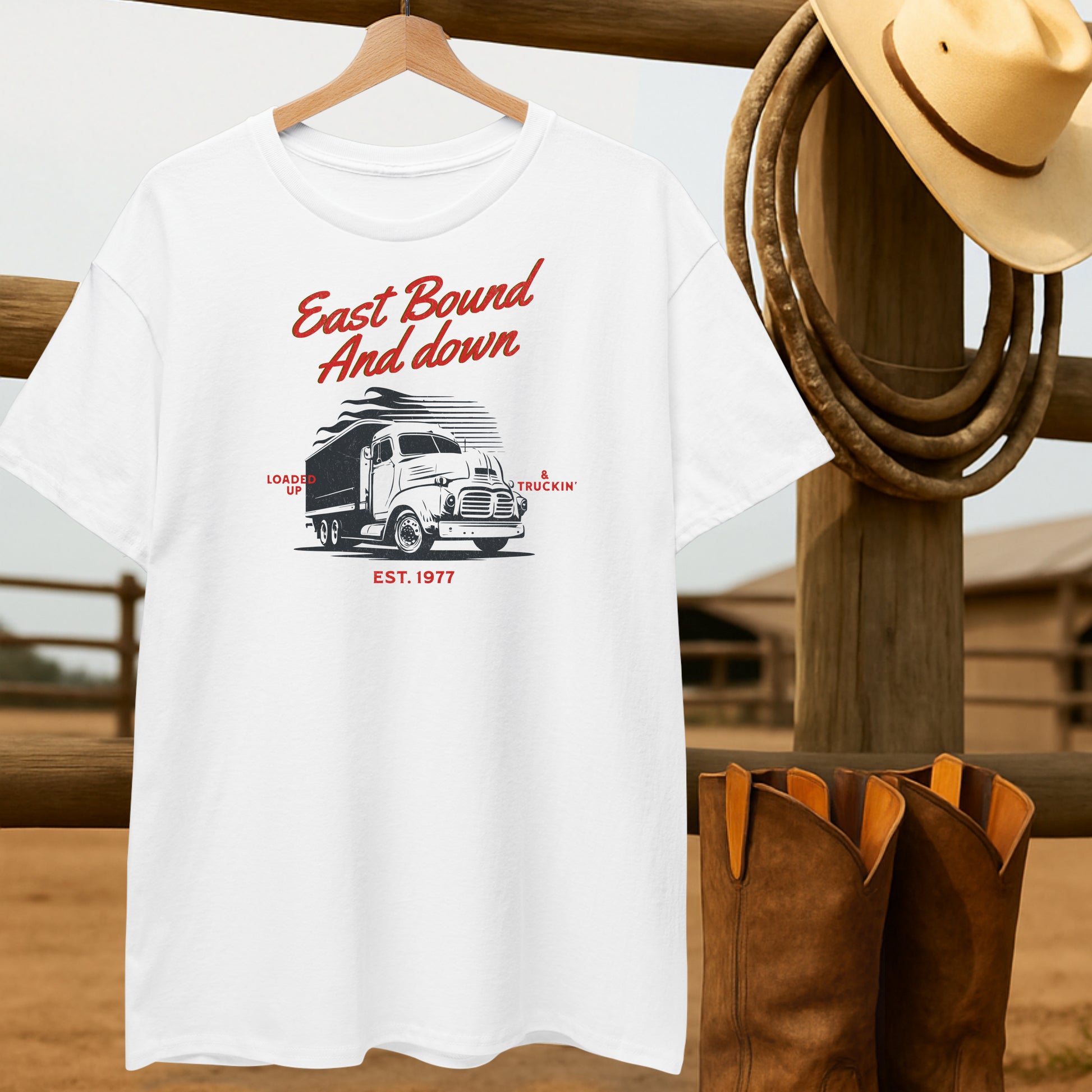 East Bound & Down T-shirt-retro-western-americana-vintage-style-T-Shirt-by-Retro-Ranch