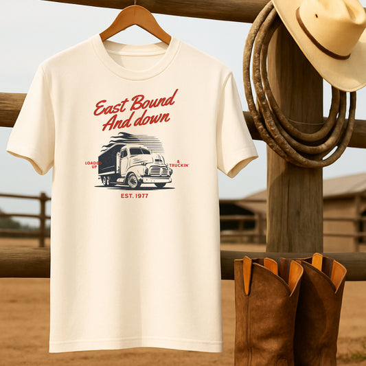 East Bound & Down T-shirt-retro-western-americana-vintage-style-T-Shirt-by-Retro-Ranch