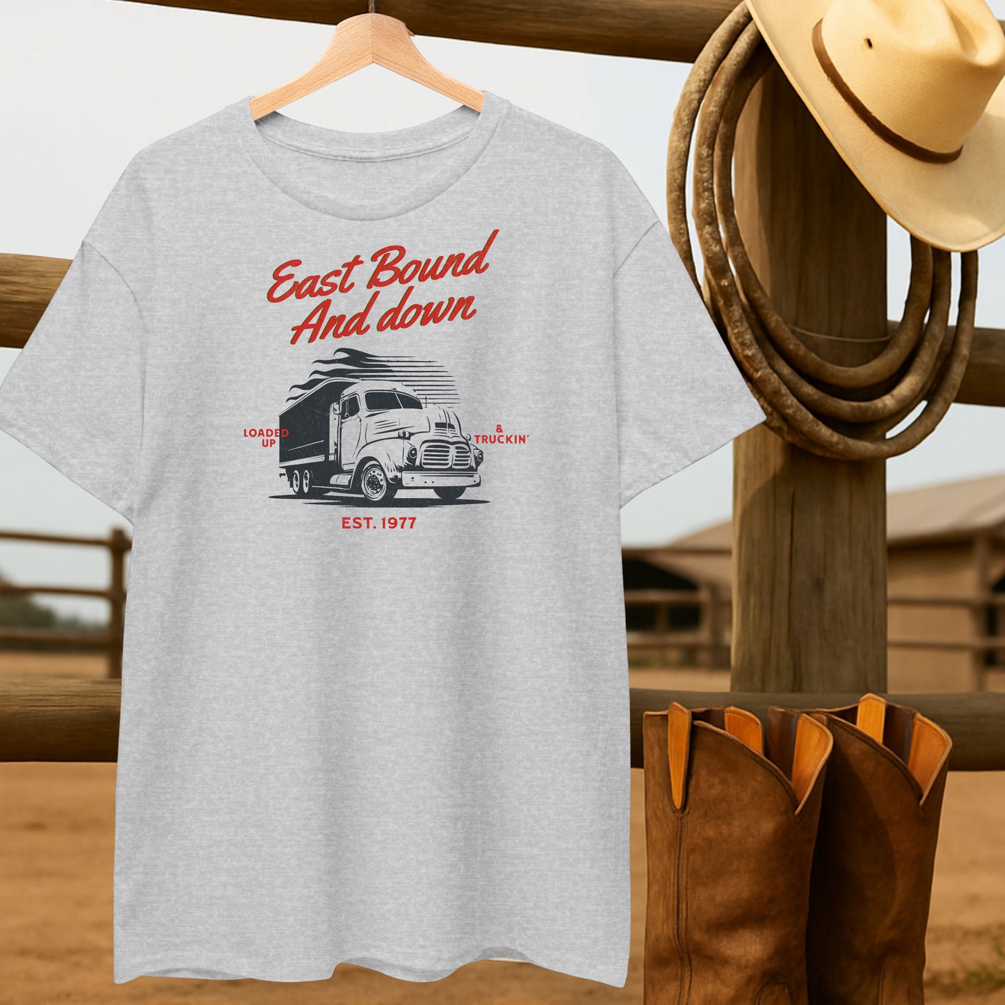 East Bound & Down T-shirt-retro-western-americana-vintage-style-T-Shirt-by-Retro-Ranch