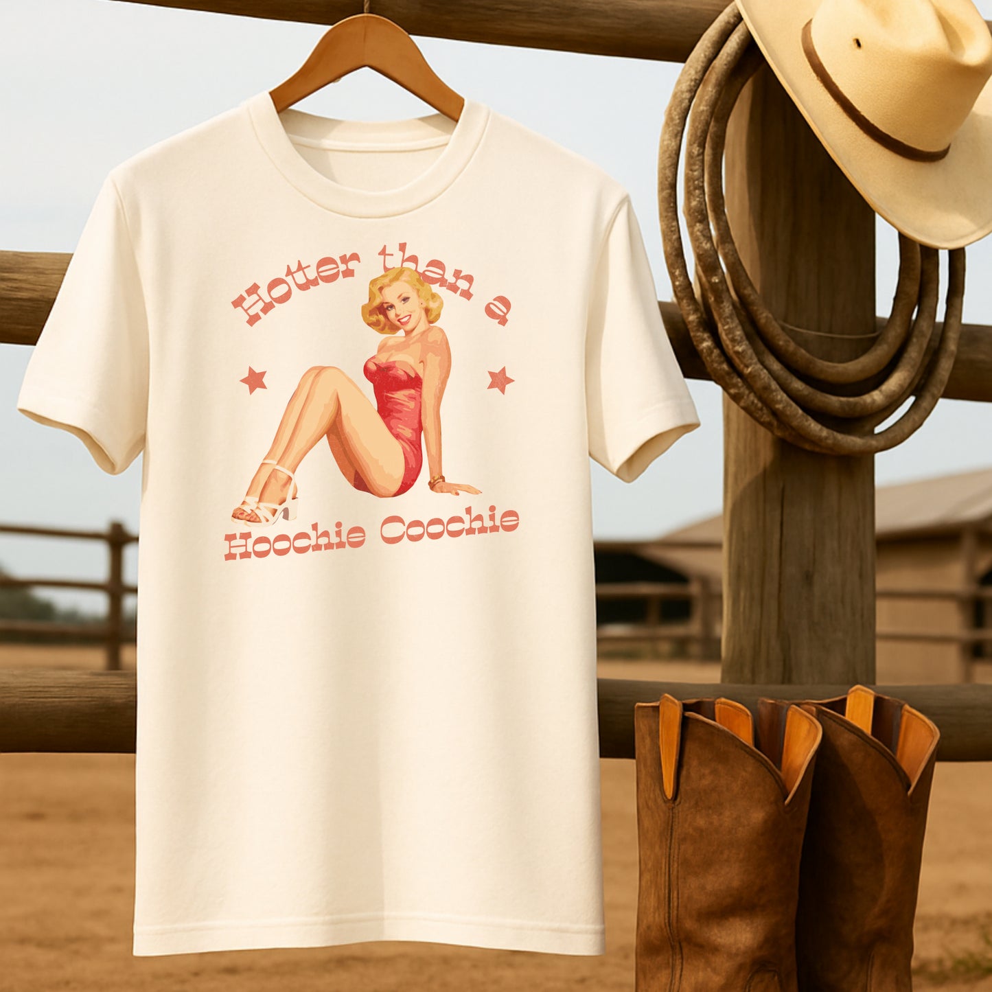 Hotter than a Hoochie Coochie T-shirt-retro-western-americana-vintage-style-T-Shirt-by-Retro-Ranch