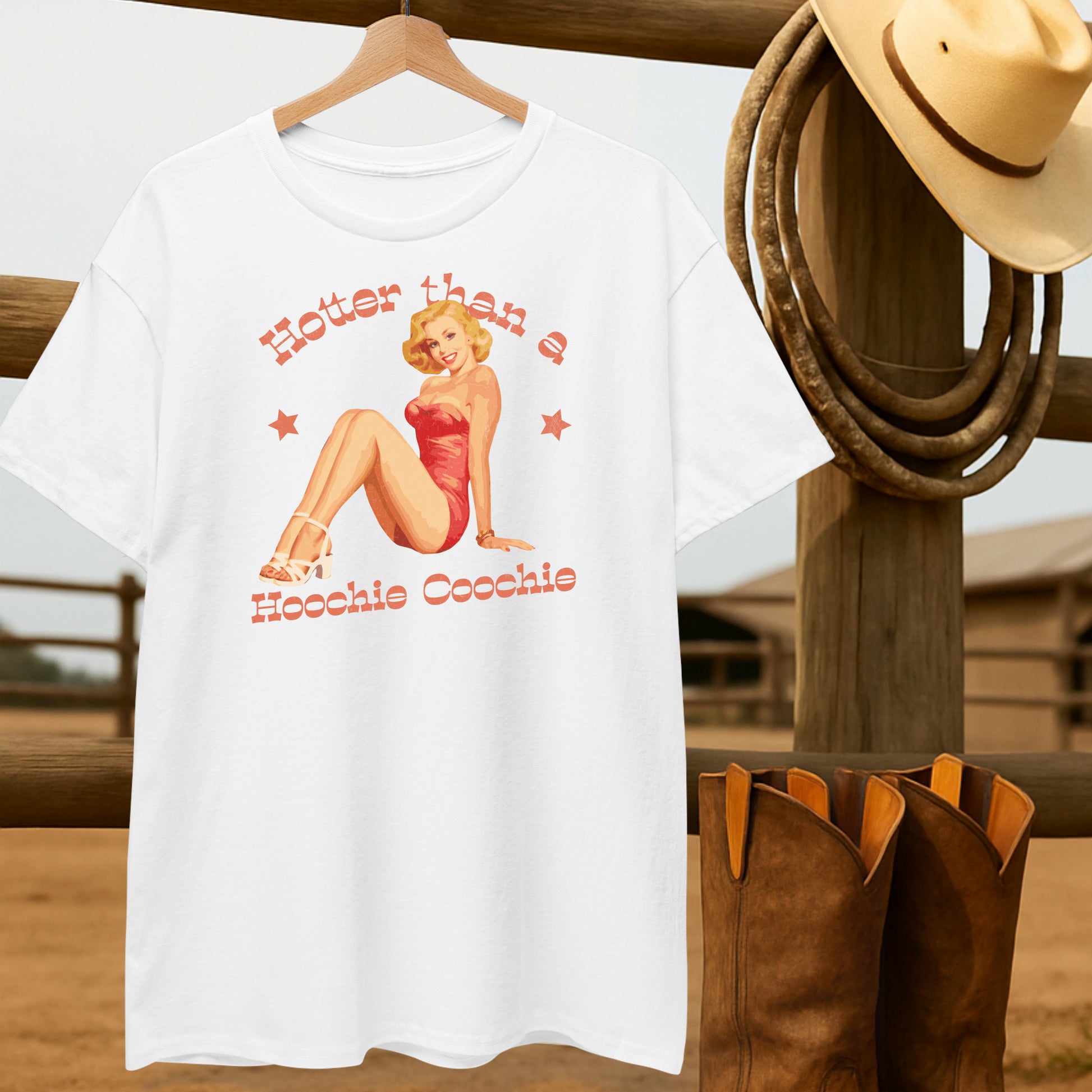 Hotter than a Hoochie Coochie T-shirt-retro-western-americana-vintage-style-T-Shirt-by-Retro-Ranch