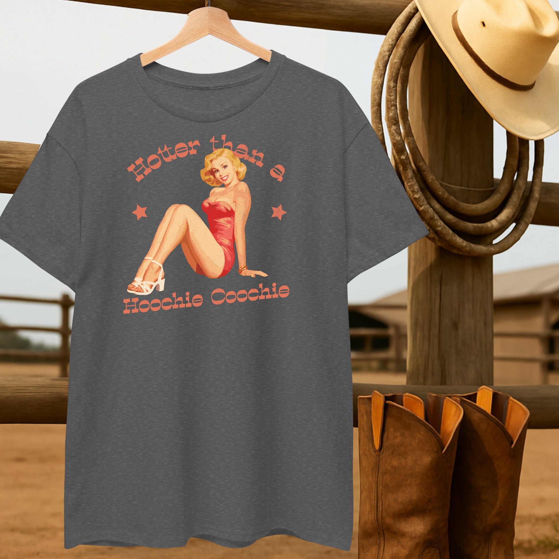 Hotter than a Hoochie Coochie T-shirt-retro-western-americana-vintage-style-T-Shirt-by-Retro-Ranch
