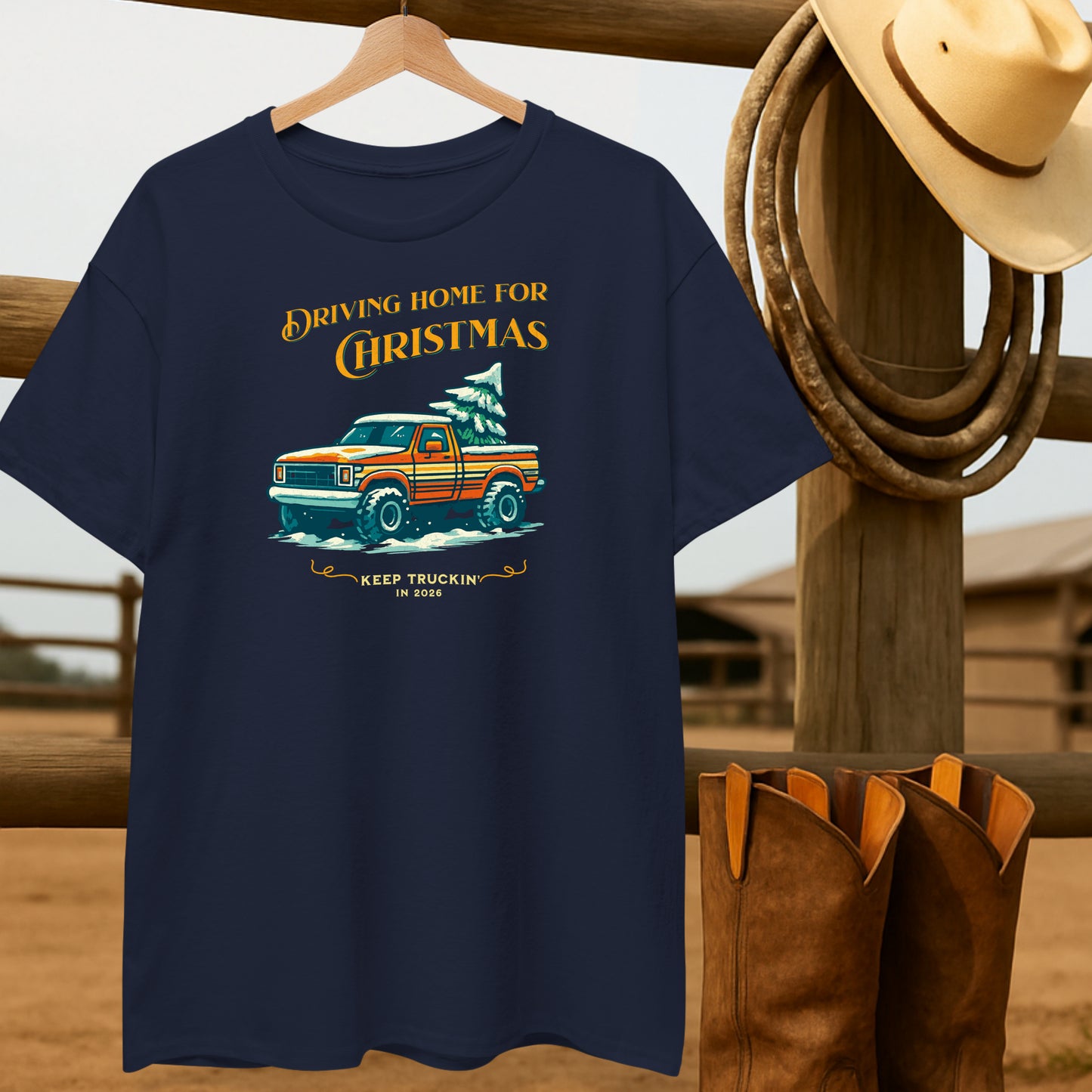Christmas Jeep T-shirt-retro-western-americana-vintage-style-T-Shirt-by-Retro-Ranch