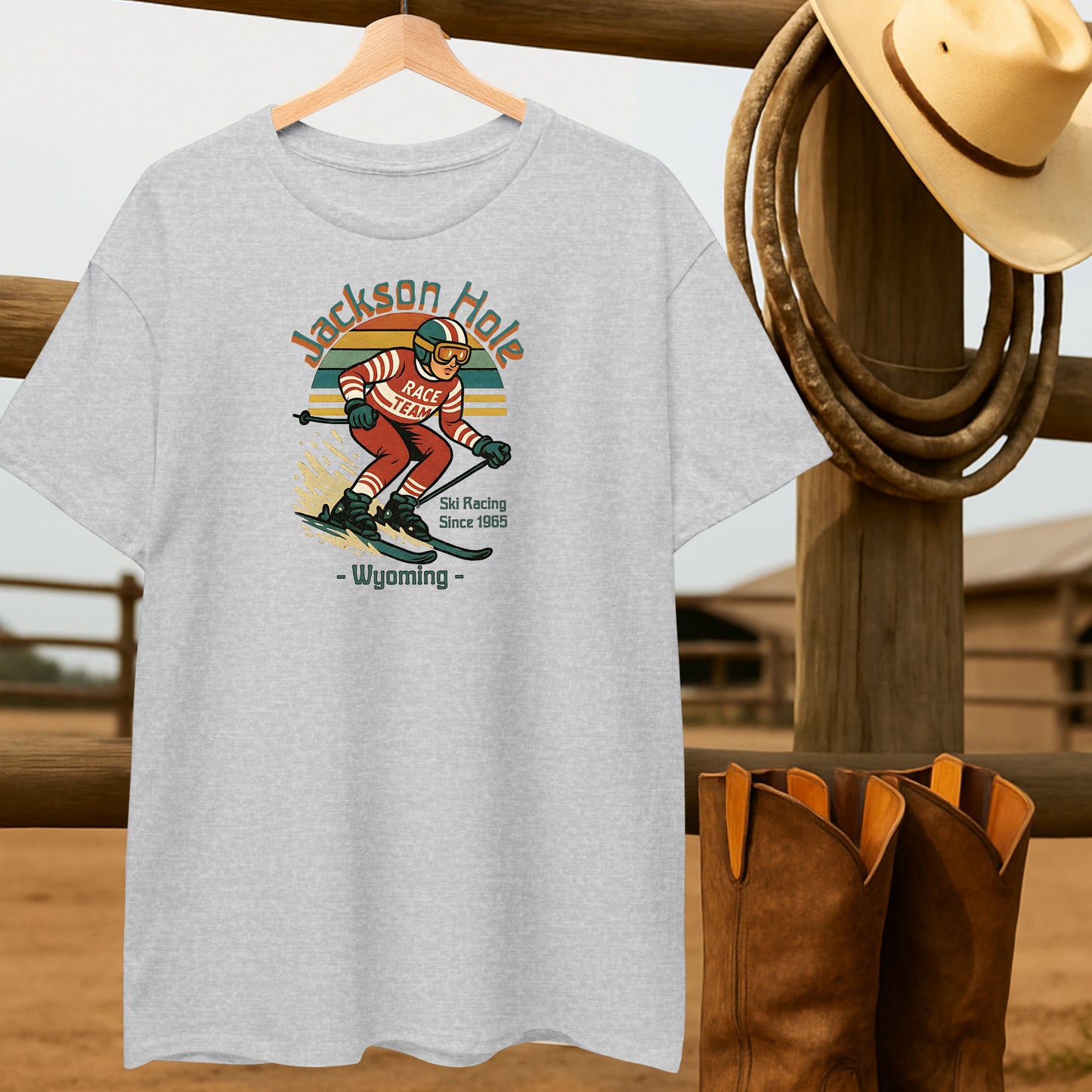 Wyoming Ski Racing T-shirt-retro-western-americana-vintage-style-T-Shirt-by-Retro-Ranch