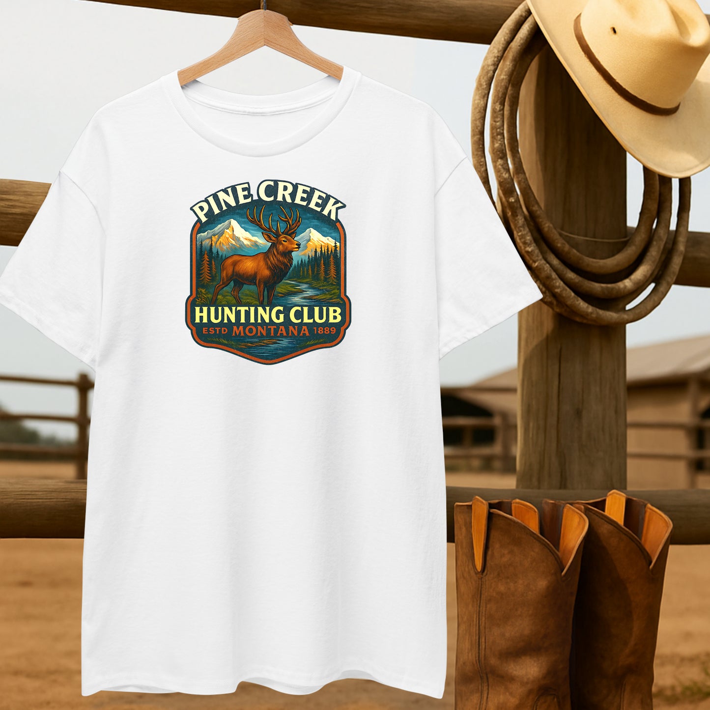 Pine Creek Hunting Club T-shirt-retro-western-americana-vintage-style-T-Shirt-by-Retro-Ranch